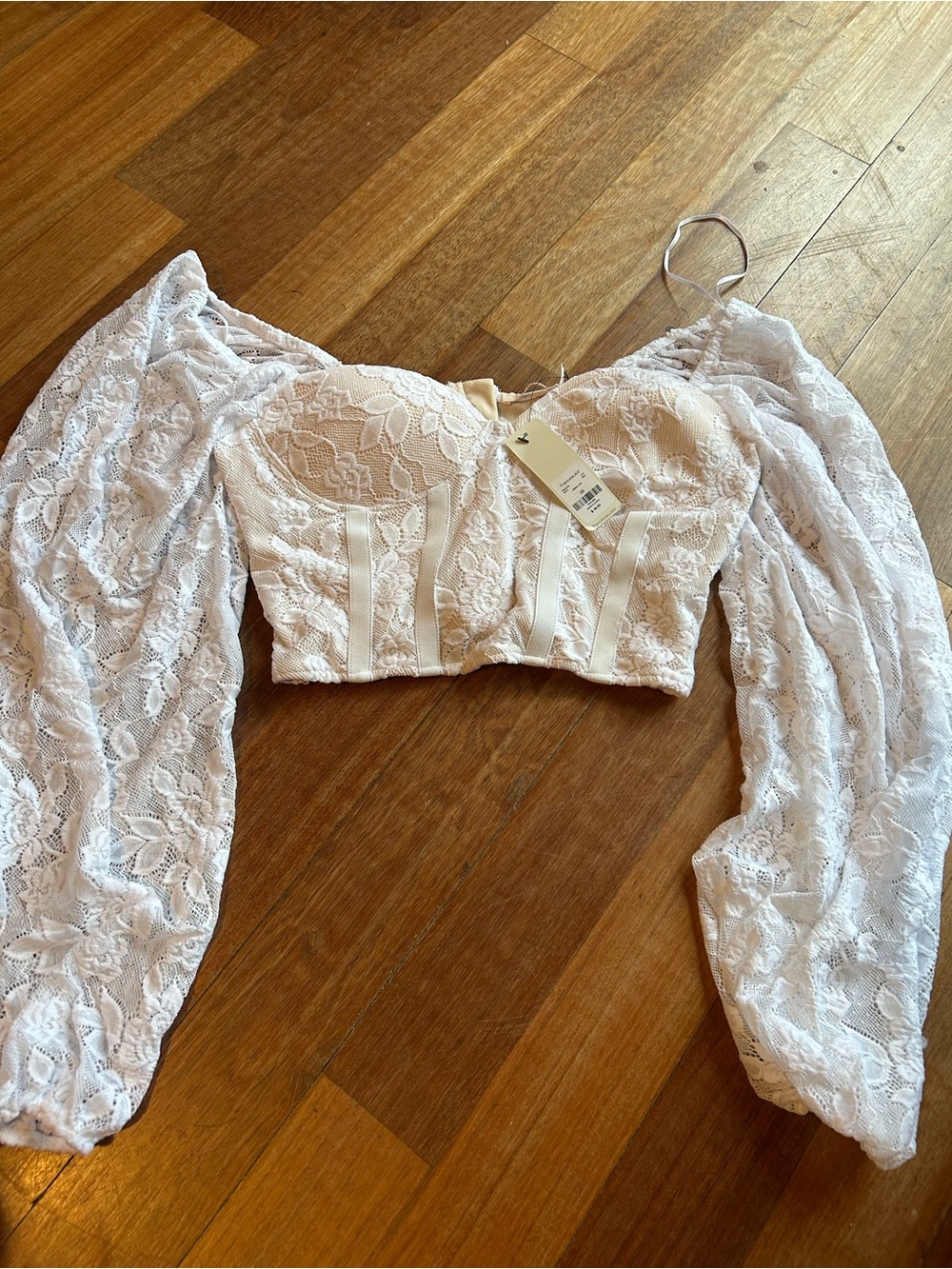 White Lace Puff-Sleeve Corset Top - Size XS NWT